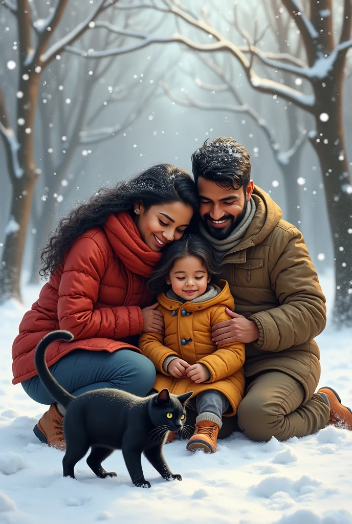 indian Mom dad and little baby girl playing in snow, in Christmas time, with a black cat by the side. Make the skin tone dusky, and wear cozy clothing. Mothers hair is straight 