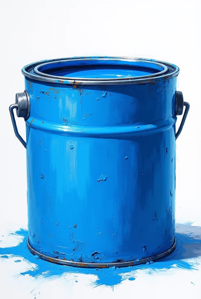 Vivid illustration and trendy oil painting of a can of blue paint. The lack of background focuses the viewer's attention on the playful and expressive details of the paint can, creating a captivating and unique work of art.