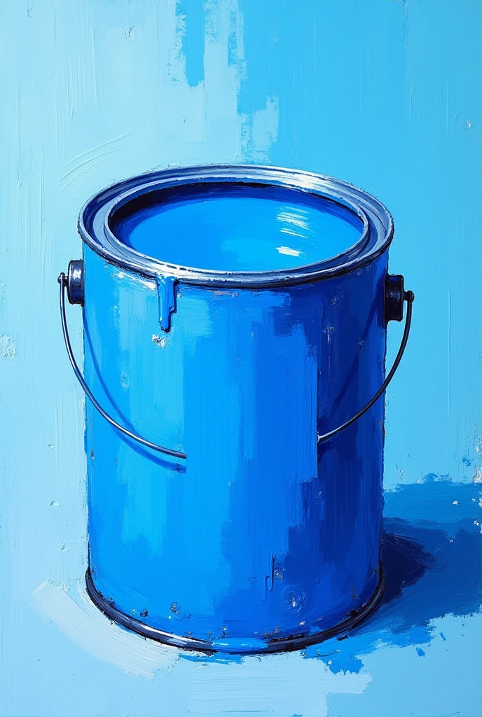 Vivid illustration and trendy oil painting of a can of blue paint. The lack of background focuses the viewer's attention on the playful and expressive details of the paint can, creating a captivating and unique work of art.