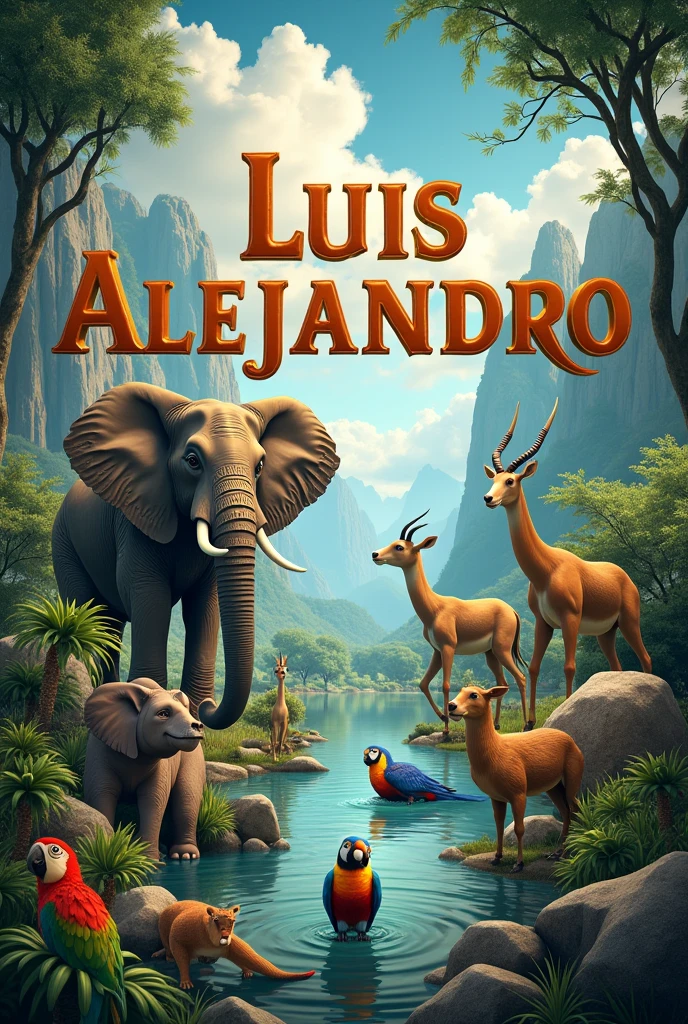 Create the cover of a book and animate it with the written name of Luis Alejandro as the title. Only with animated animals but not fictional ones
