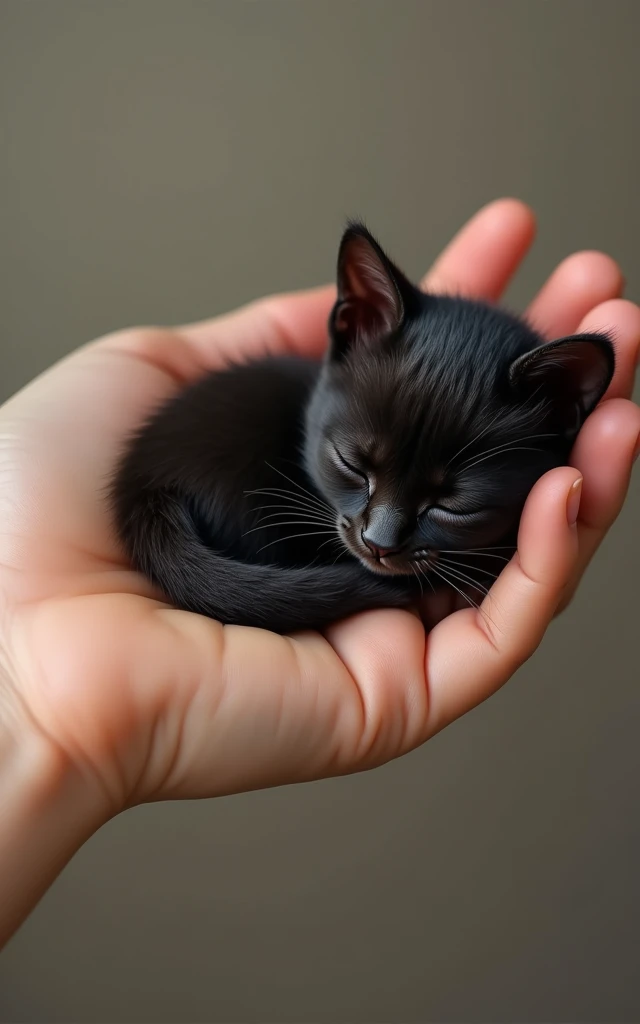 Realistic, A small black baby cat sleeping in the palm of a human hand、