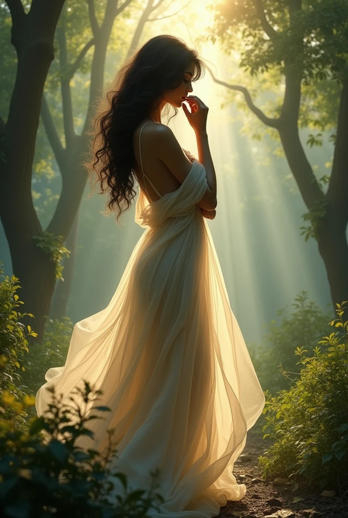 Sensual woman in the forest, translucent dress, dark wavy hair, goddess body, A hand on the mouth