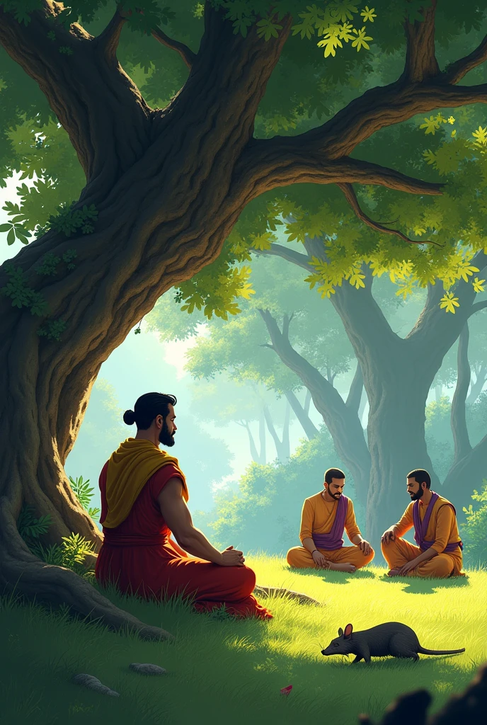 Sundar is sitting under a large tree, overhearing a conversation between two royal employees dressed in traditional attire. They are sitting on the grass, talking about luck and wisdom. Sundar listens intently, with a thoughtful expression, as one of the men points to a dead rat on the ground nearby.