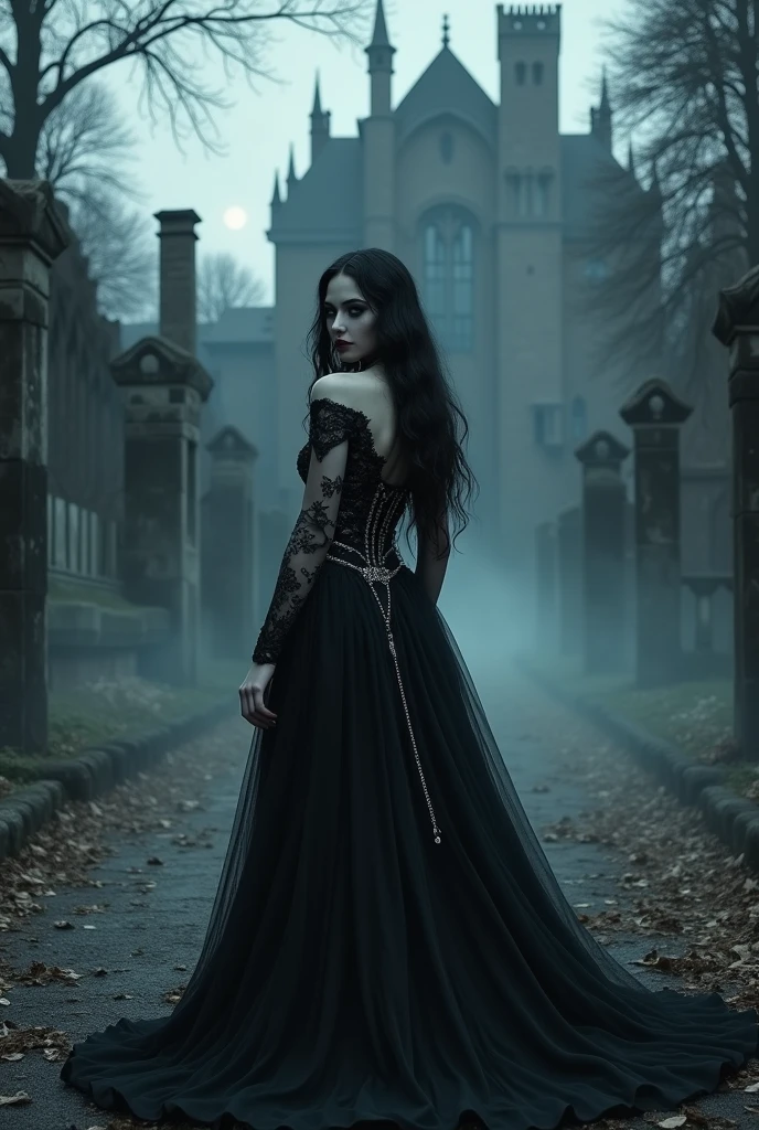 Imagine a scene shrouded in mystery and allure, where the essence of goth aesthetics melds seamlessly with an atmospheric backdrop. Picture a solitary goth woman standing in the heart of this scene, embodying the quintessence of gothic beauty and grace. Her attire is a masterpiece of gothic fashion, featuring a long, flowing black dress that cascades gracefully to her feet, adorned with intricate lace patterns and delicate silver chains that glint subtly in the dim light. Her hair is a cascade of dark waves, framing her pale face and enhancing her piercing, captivating eyes, which are accentuated by dark, smoky makeup. The atmosphere around her is charged with a palpable sense of mystery and enchantment. The scene is set in a forgotten garden, where the moon casts a silver glow over ancient statues and overgrown paths. Mist rolls gently across the ground, swirling around her feet and adding a mystical quality to the scene. In the background, the remnants of a once-grand gothic mansion loom, its spires and arches silhouetted against a starlit sky, adding a sense of timeless decay and romance. This scene is not just a visual spectacle; it's a portal to a world where gothic elegance and atmospheric beauty converge. The goth woman stands as a guardian of this realm, a symbol of strength and mystery, inviting the viewer to step into a world beyond the ordinary, where every element is imbued with depth and emotion. g0thg1rl