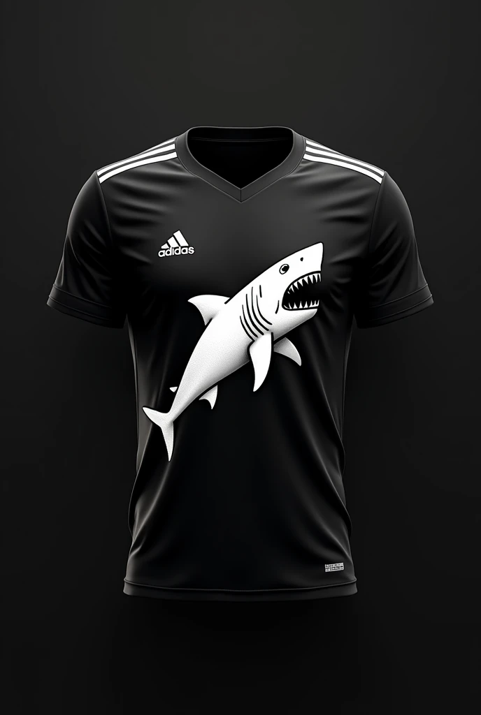 Create a black soccer shirt with a WHITE SHARK ONLY and adidas stuff using only black and white with a big shark