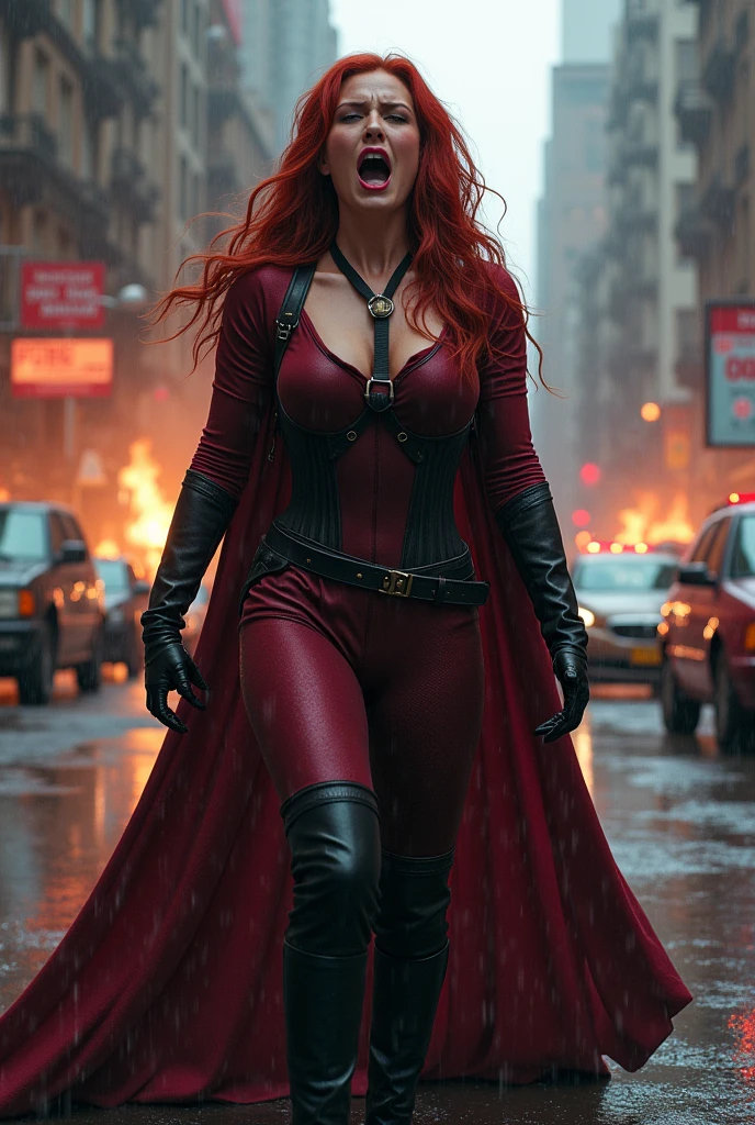 A beautiful woman Scarlet Witch long red hair wearing a burgundy jumpsuit combined with black burgundy cape boots and black gloves long boots up to her knees in an apocalyptic rainy city cars and buildings on fire magic in her hands black corset over her jumpsuit on her knees screaming exhausted after an extensive battle brown harness over her chest thick straps combining her jumpsuit magic in her hands burgundy cape with black