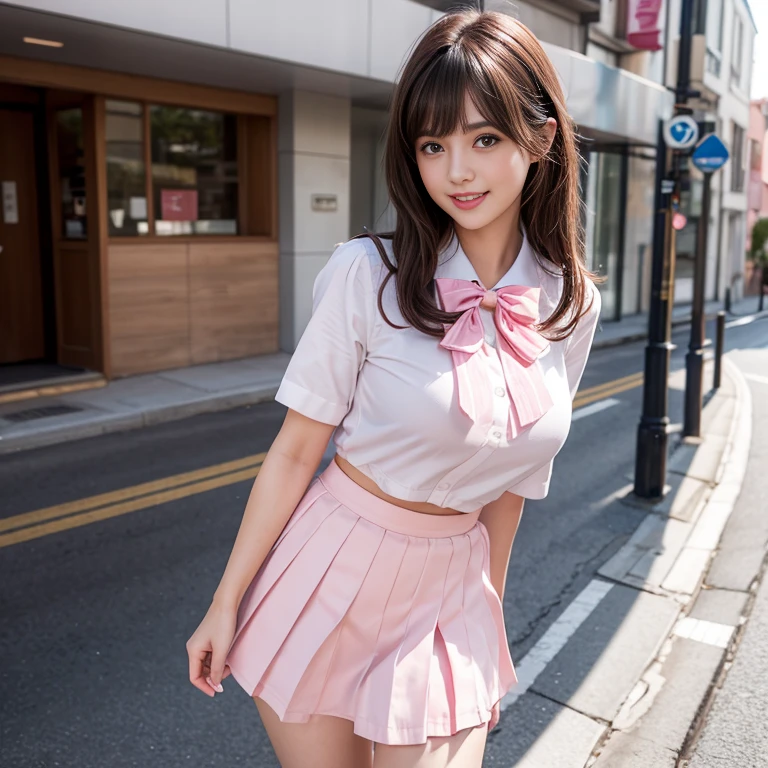 laughing out loud,Wearing a pink student sailor uniform, The sailor suit is a white base with a pink bow tie and a pink collar.,Pink pleated skirt,(knee shot), 1 girl, On the face, light brown hair, blunt bangs, hair behind ears, Hair over the shoulders, long hair, Slender body type, Super thin face, face slimming, delicate lips, beautiful eyes, Thin blush, Eyes are light brown,Check it out here, (realistic:1.3), standing next to the street, 8k, , Super detailed, high quality, best quality, High resolution, ,Large Breasts,H CUP,