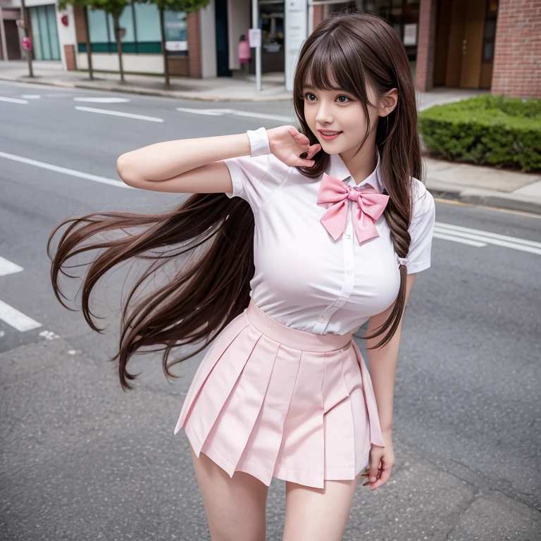 laughing out loud，Wearing a pink student sailor uniform, The sailor suit is a white base with a pink bow tie and a pink collar.，Pink pleated skirt，(knee shot), 1 girl, On the face, light brown hair, blunt bangs, hair behind ears, Hair over the shoulders, long hair, Slender body type, Super thin face, face slimming, delicate lips, beautiful eyes, Thin blush, Eyes are light brown,Check it out here, (realistic:1.3), standing next to the street, 8k, , Super detailed, high quality, best quality, High resolution, ，Large Breasts，H CUP, 