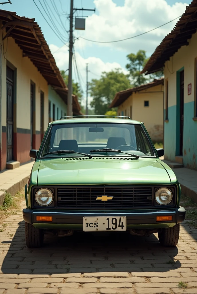 Latest release of a metallic green Chevette car with the Chevrolet logo and the ICS 1954 license plate parked on a humble street with old houses in northeastern Brazil.