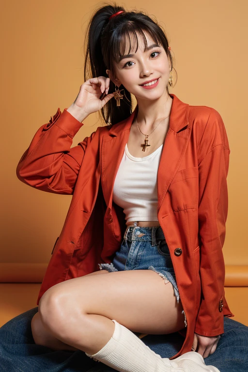 ((Highest quality)), ((masterpiece)), (detailed), One person, sexy, bangs, ponytail, smile, star-shaped earrings, cross necklace, red jacket, yellow camisole, denim mini skirt, high socks, long boots