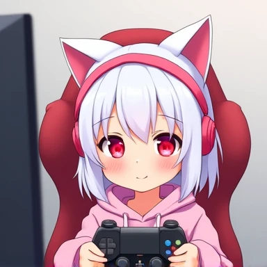 Video Call Profile Photo. Cute cat-eared girl with pink headphones and big hoodie sitting in computer chair。.Have a game controller. White Hair. Sit upright. We are sitting opposite her. Only her upper body is visible, As if you were broadcasting a video. Glowing red eyes.. Anime Style