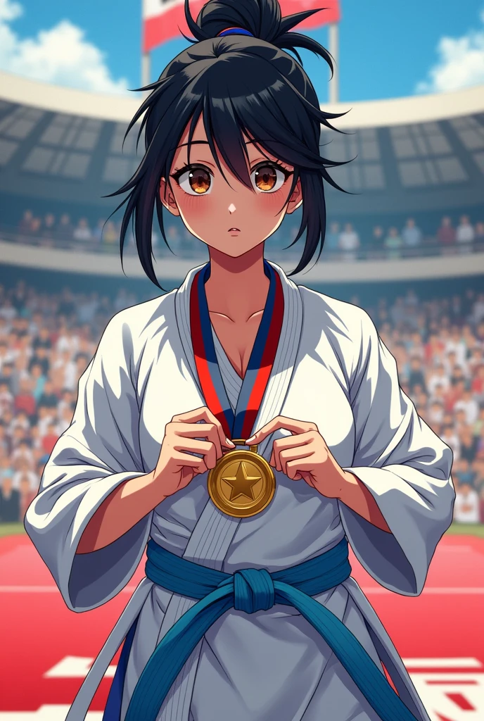 20 year old athletic build female girl, light skinned, with amber eyes, one darker than the other, messy black hair updo, with an expression of attitude and warmth, dressed in karategi and light blue belt, in a federated competition receiving a medal, manga style