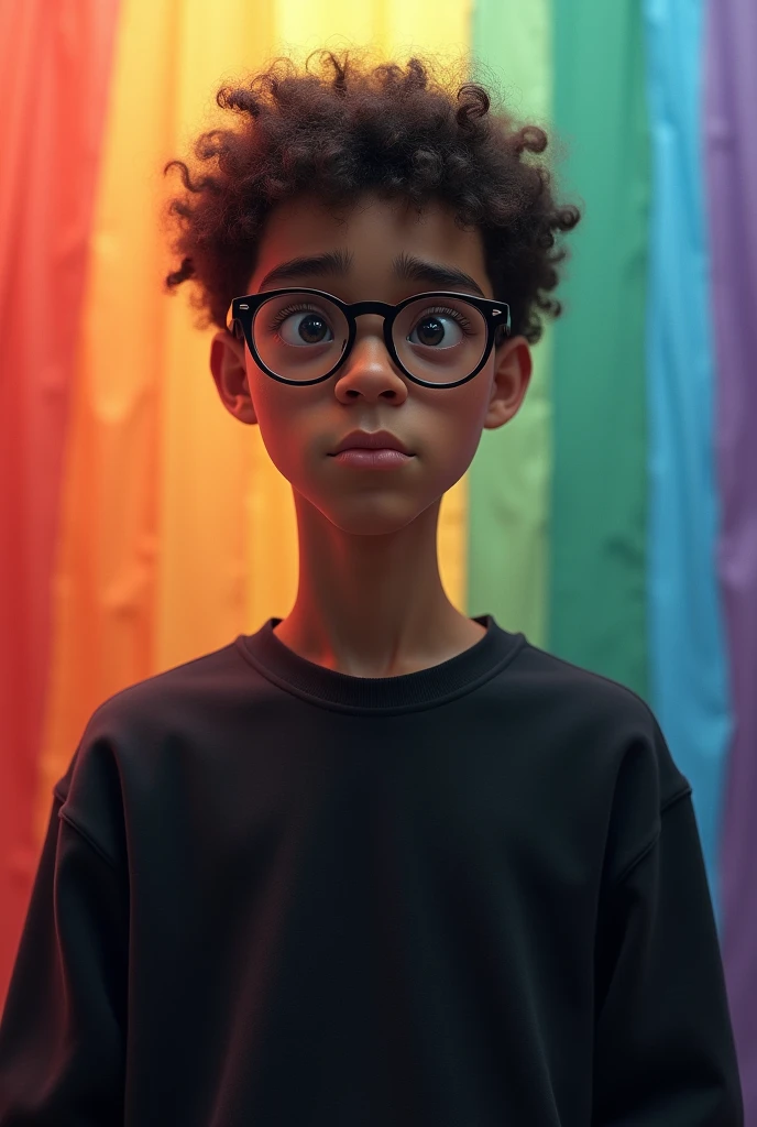 a young brown man with light skin, shaven, Scrawny, with short curly hair, wearing glasses, with a black sweatshirt, large nose, a serious expression and a rainbow lgbt background