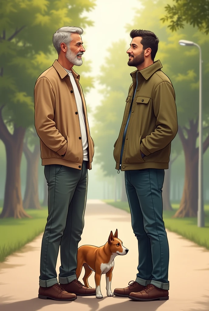 a man talking to another man, who is holding a dog next to him.