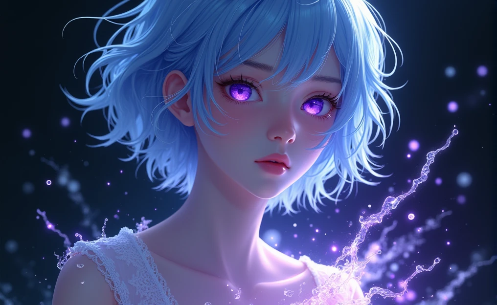 The image shows a younger man with delicate, androgynous features. The person has pale and smooth skin watching at us, with a serene and dreamy expression. His eyes are an intense and bright purple, with a look that seems lost in deep thoughts. The boy hair is short, flowing, and a bright blue that appears to be made of liquid light. It is soaked and falls in clumps that blend into the background, giving a sense of movement and fluidity. There is an ethereal lighting effect surrounding the boy. Flashes of purple and white light spread across the image, as if the person is surrounded by water or some kind of magical energy. Light reflections on the skin and hair reinforce this feeling that the boy is made of a liquid or crystalline material. The background is dark, which makes the light effects stand out even more. There is a play of light and shadow that adds depth and mystery to the scene. The style is very detailed and realistic, with a fantastic touch. The use of cool colors and lighting effects creates a dreamy and otherworldly atmosphere.
