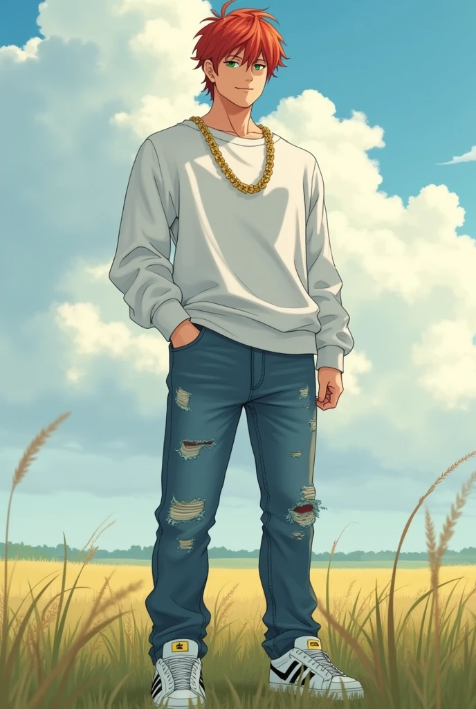 Make a young Germanic man with a slightly Asian appearance, He's a redhead, reddish, long  hair, with green eyes, albino, he is 32 years old, He has 1,83 His appearance is robust and slightly handsome, your physique is robust, he is very white, He is a little calm and can get a good laugh out of his friends, he is wearing a white Adidas sweatshirt, a pair of dumped jeans, and a Nike sneaker, next to him a gold chain around his neck, he is in an open field a little cloudy without rain, with a slight smile on your face, semi realistic anime image.
