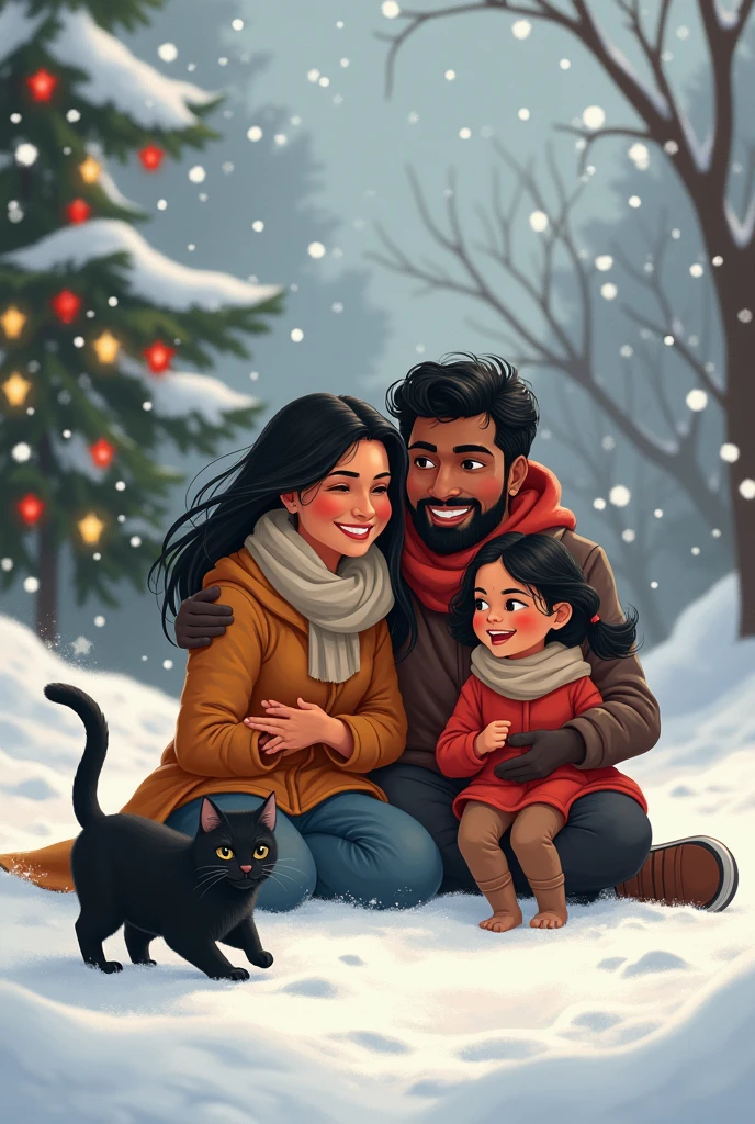 indian Mom dad and little baby girl playing in snow, in Christmas time, with a black cat by the side. Make the skin tone dusky, and wear cozy clothing. Mothers hair is straight