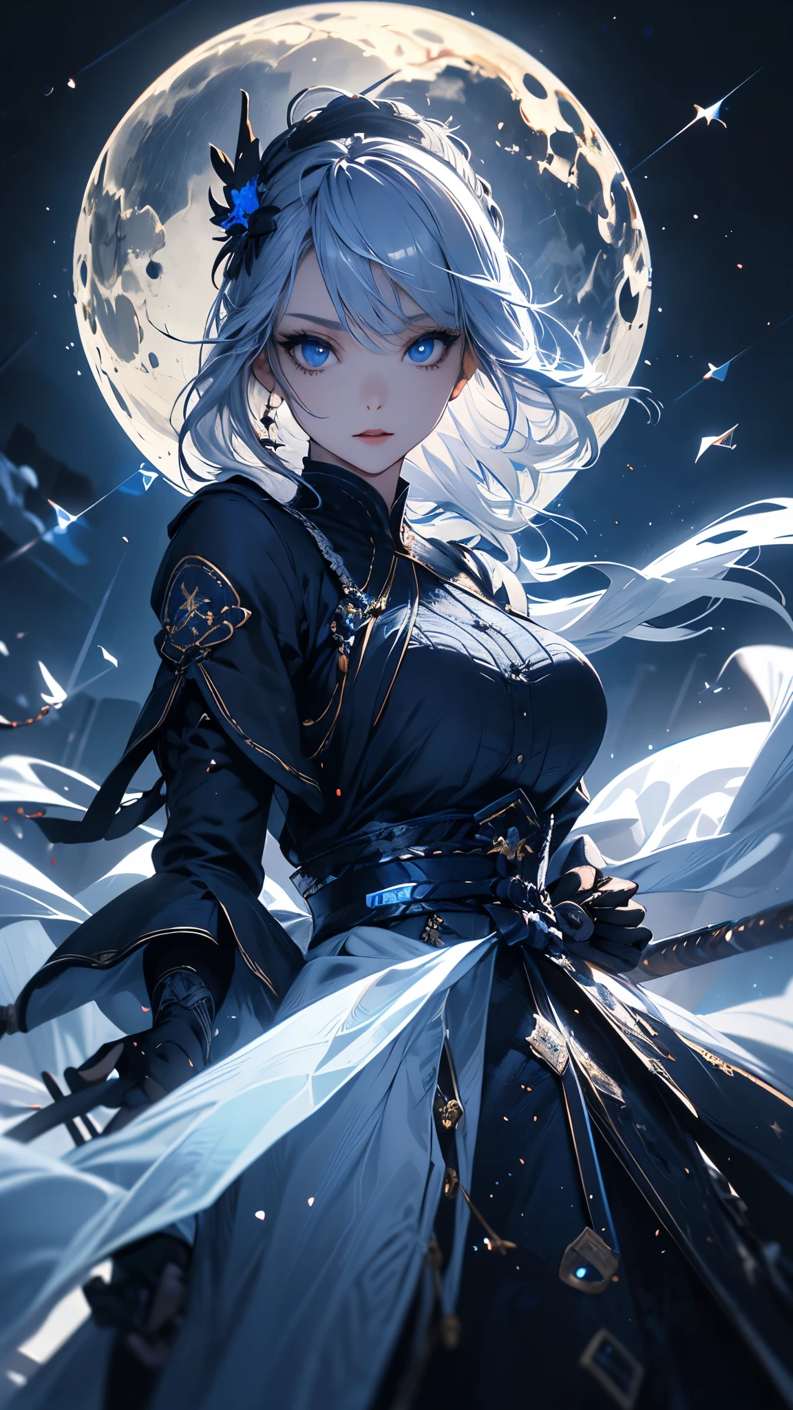 masterpiece, high quality, 4K, Beautiful design, silhouette，Gray Hair， Highly Detailed Starry Sky at Night,Ice World， wonderful, Finer details,  Very knowledgeable woman, Highly detailed solo, 1 female,Blue eyes，Big Breasts，Gothic Lolita Fashion，Night view，Starry Sky，Blue Full Moon，