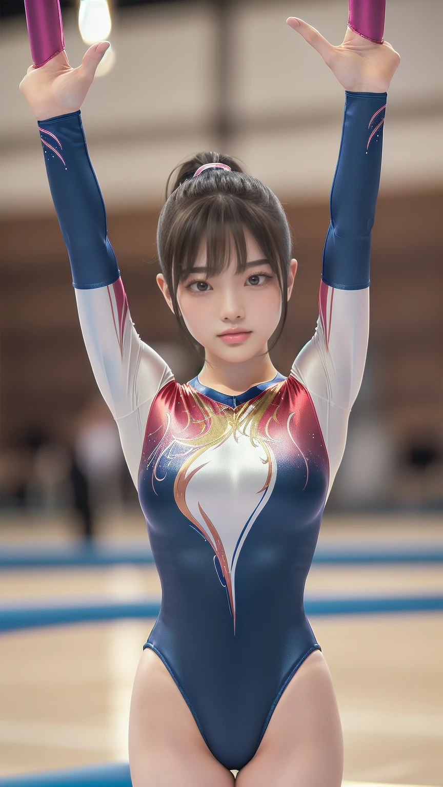 ((indoor, 新Gymnastics arena, Gymnastics arena:1.3)), Vibrance, Natural colors, (Highly detailed skin, Beautiful realistic face, White skin, Pointed Chest, Small nipples, Perfect Anatomy, Realistic eyes, Natural Eyes, Brown eyes, Accurate eye focus, Accurate limbs), (Hyper Realist, Ultra-realistic, 4K, Attention to detail, Ultra-high resolution, Highest quality, masterpiece, Presence, dynamic, Uplifting, bold, Sharpness), (Thinning hair:2, Soft Hair:2, Straight hair:1.5, Long, slicked bangs, Light copper amber hair, Hair on one eye, Twin tail hair), (Female gymnast, Detailed costume, She wore a tight-fitting long-sleeved leotard.:1.5), Shiny long sleeve leotard, Metallic colors長袖レオタード, Racing long sleeve leotard, Gymnastics Long Sleeve Leotard, ((High leg long sleeve leotard, A long-sleeved leotard with lots of Swarovski embellishments)), ({Metallic red color| Metallic purple color| Metallic white color| Metallic navy color| Metallic pink color| Metallic gold color| Metallic silver color| Metallic black color| Metallic colors}Long sleeve leotard colors), (Big Breasts:1.5), Tall, Elongated arms and legs, Small waist, Small hips, (Crouching, M-shaped split, Squat:1.2, Squat with your legs wide apart, Spread your legs), The long-sleeved leotard is digging into her butt, barefoot, Looking into the camera, smile, (Underhair does not grow),