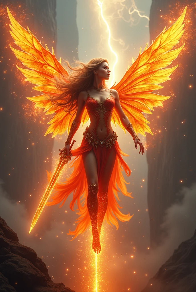 A captivating fairy of fire, lava, and tsunami: soaring upward on bio-mechanical wings, her piercing gaze commands respect, with a sword shining bright, reflecting elemental forces within swirling smoke, surrounded by enthralling sparks, amidst an otherworldly landscape.