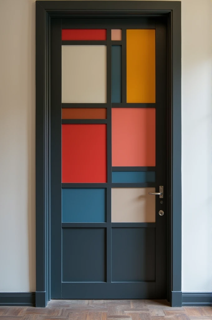 Door smooth, with horizontal interlock dividing it into 3 equal dark gray parts of 1,90 m high by 0,8 wide. Subdivide into colored rectangles and squares, like Piet Mondrian's composition A. More geometric shapes