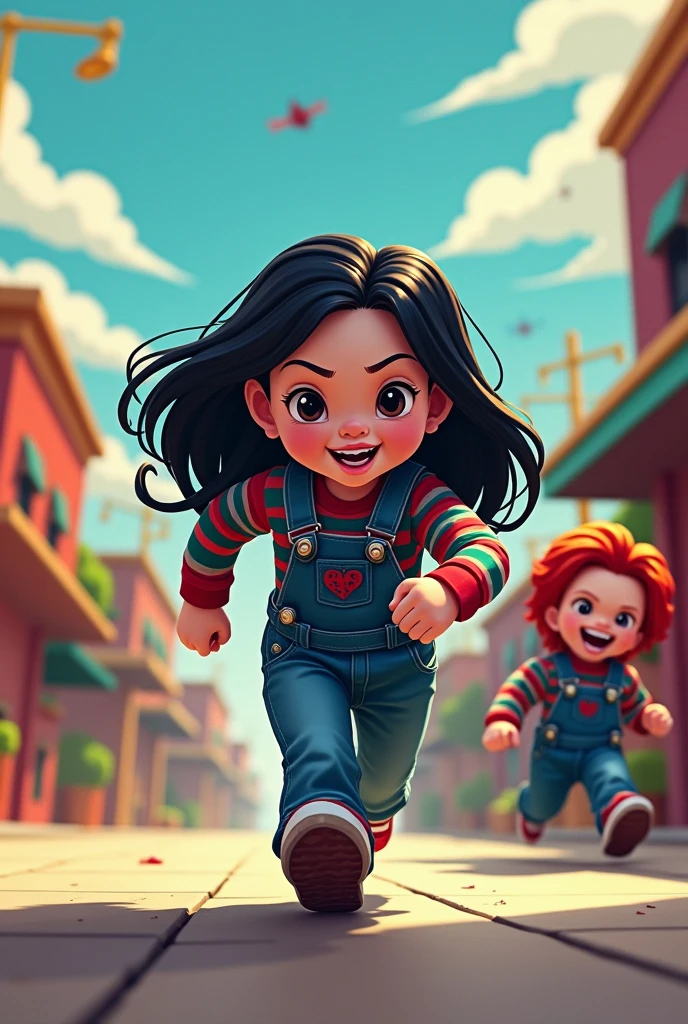 drawing of a black haired girl escaping from an angry chucky roblox style very roblox style
