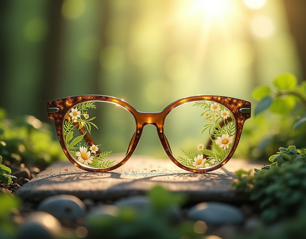 Floral Reverie: Nature-inspired eyeglass frames, botanical motifs, soft lighting, earthy tones, serene atmosphere