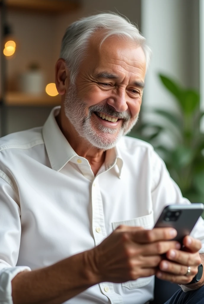 happy old man in white shirt with cell phone in hand