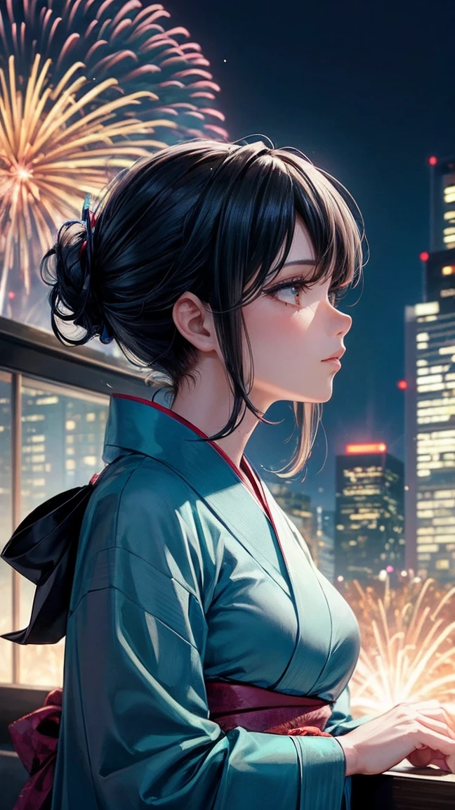 Skyscraper rooftop Mature woman looking up at fireworks Black hair chignon A vibrant turquoise yukata