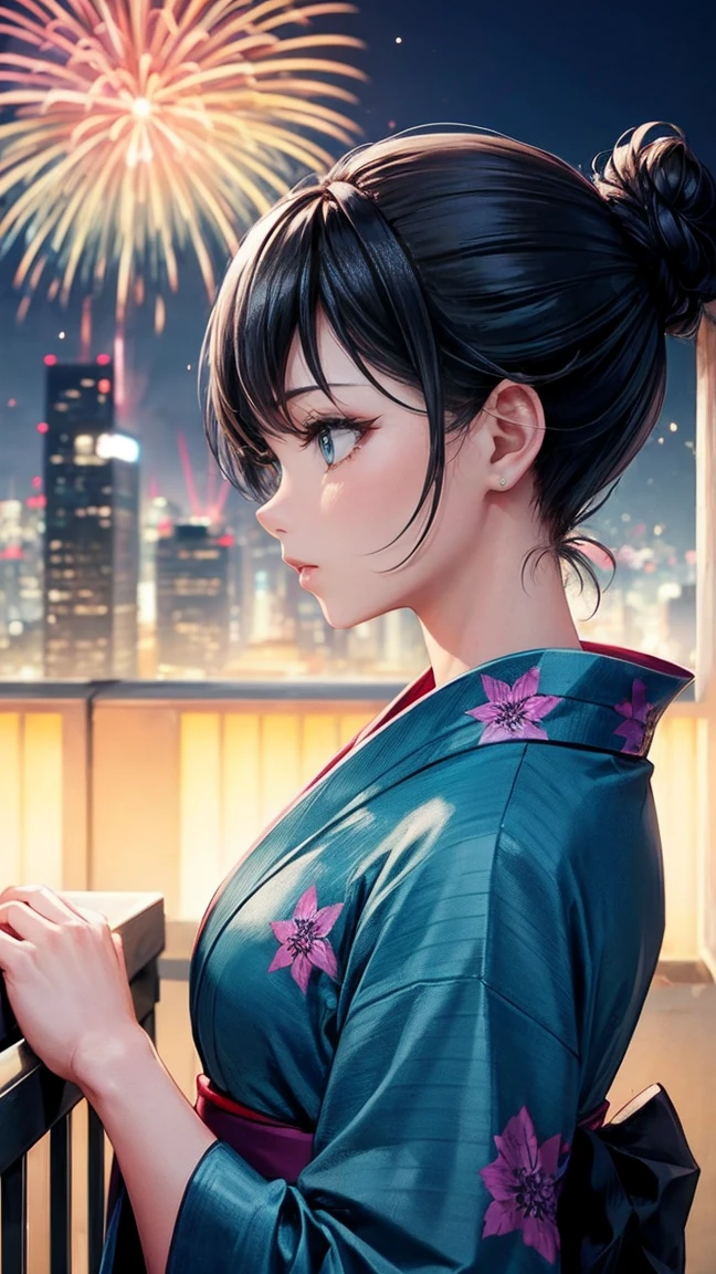 Skyscraper rooftop Mature woman looking up at fireworks Black hair chignon A vibrant turquoise yukata