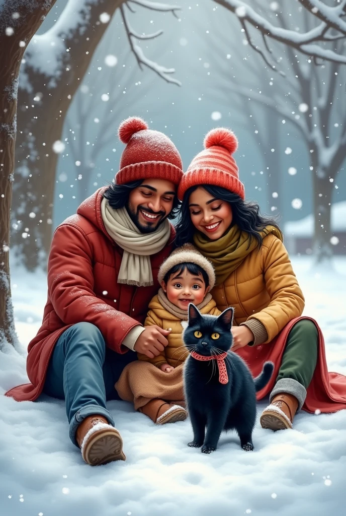 indian Mom dad and little baby girl playing in snow, in Christmas time, with a black cat by the side. Make the skin tone dusky, and wear cozy clothing. Mothers hair is straight