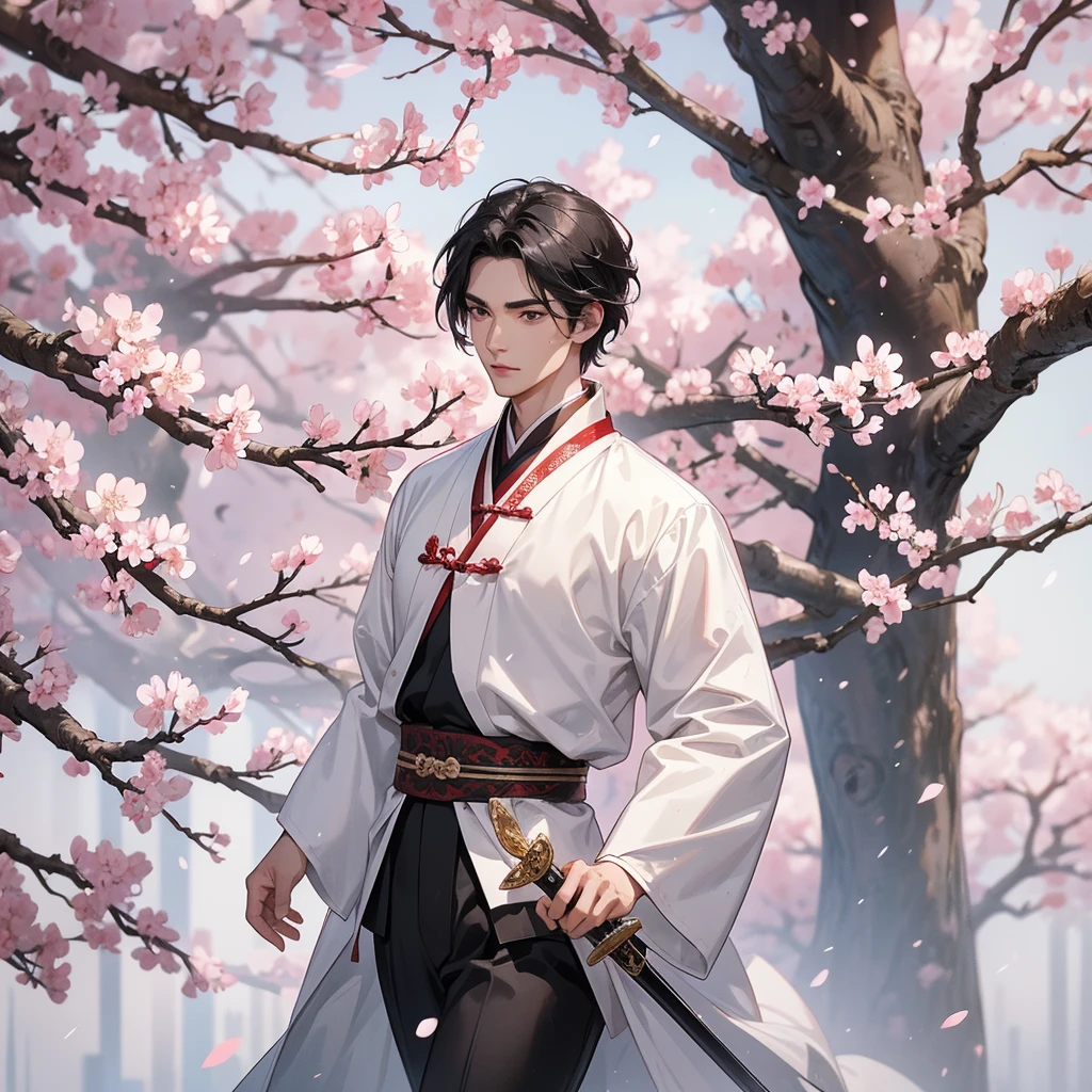 Handsome black-haired male general holding a large sword in white Chinese hanfu , walking In the middle of a cherry blossom storm, cherry blossoms are falling from the trees, Behind them are cherry trees that are in full bloom.