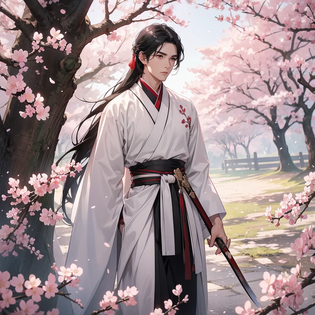 ink style, silhouette, best quality, masterpiece, high detail wallpaper, 1boy, male focus, brush, long hair, solo, holding a brush, sky, holding, architecture, daytime, holding a brush, outdoor, blue sky, East Asian architecture, picture scroll, petals, standing, brown hair, brush, looking at the audience, black hair, chinese clothes, brown eyes, wide sleeves, long sleeves, tassels, watermark
