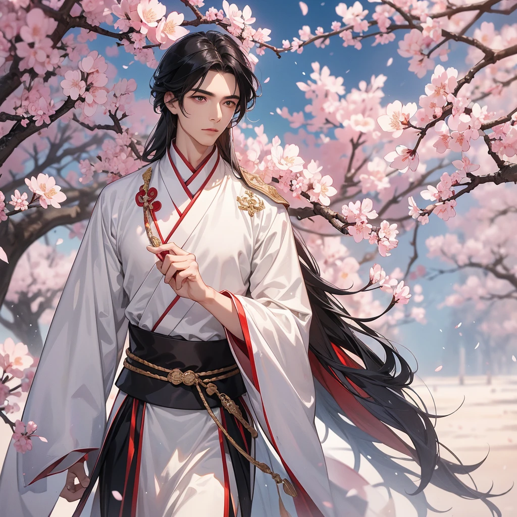 Handsome black-haired male general holding a large sword in white Chinese hanfu , walking In the middle of a cherry blossom storm, cherry blossoms are falling from the trees, Behind them are cherry trees that are in full bloom.