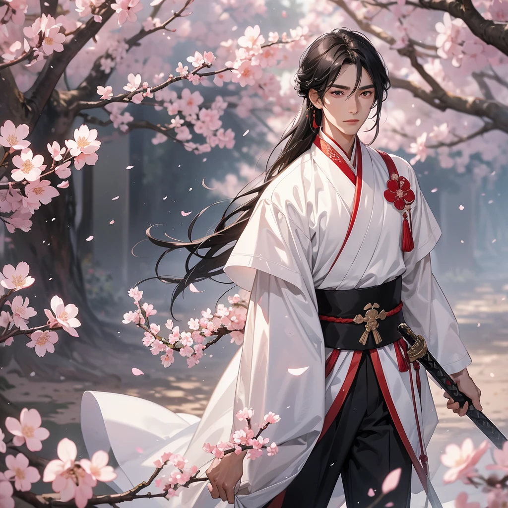 Handsome black-haired male general holding a large sword in white Chinese hanfu , walking In the middle of a cherry blossom storm, cherry blossoms are falling from the trees, Behind them are cherry trees that are in full bloom.