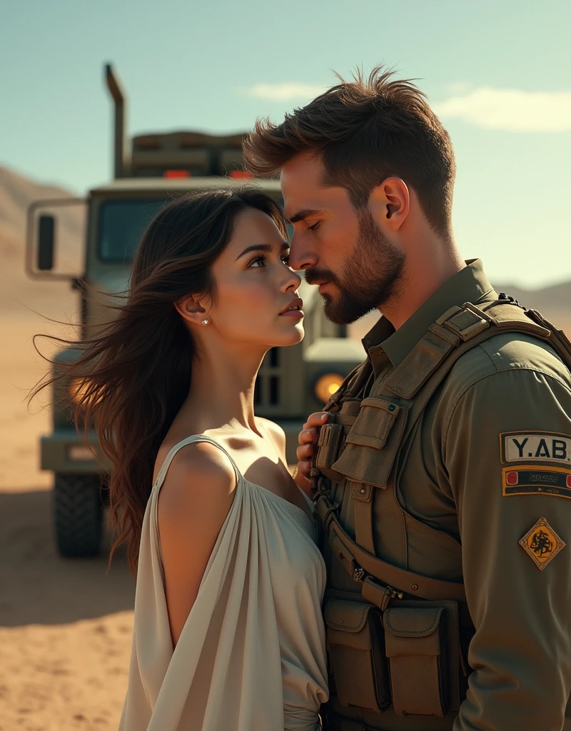 The girl sitting beside the soldier man in the jeep, looking at others eyes intensely