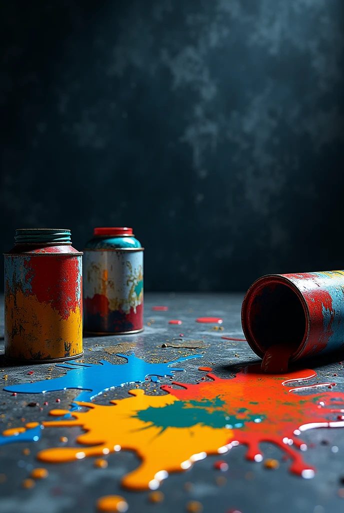 create an image with a dark background in the graphic designer theme with dripping paints and paint cans on the colorful floor without any people