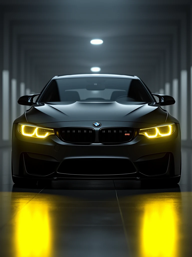 A hyper-realistic 3D render of a sleek, black BMW M4 Competition Coupe with vibrant yellow headlights that emit a glowing, almost ethereal light. The car is captured in a dark and modern setting, with the yellow headlights acting as its "glowing yellow eyes." The photography showcases the vehicle's wide body and stunning design, creating a cinematic and hyper-realistic atmosphere. The work is masterfully done by the talented Zahari Zograf, a renowned car photographer., cinematic, vibrant, photo