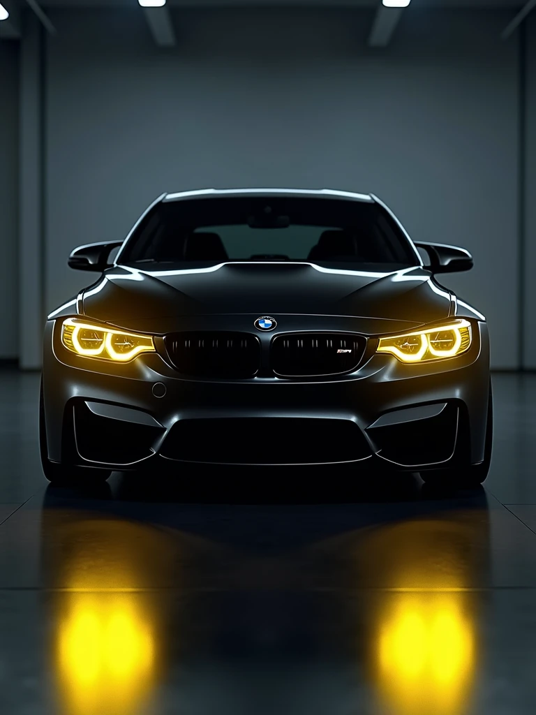 A hyper-realistic 3D render of a sleek, black BMW M4 Competition Coupe with vibrant yellow headlights that emit a glowing, almost ethereal light. The car is captured in a dark and modern setting, with the yellow headlights acting as its "glowing yellow eyes." The photography showcases the vehicle's wide body and stunning design, creating a cinematic and hyper-realistic atmosphere. The work is masterfully done by the talented Zahari Zograf, a renowned car photographer., cinematic, vibrant, photo