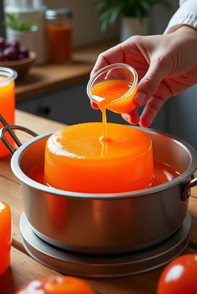 Give me a picture of adding orange food coloring to a double boiler with a glycerin bar