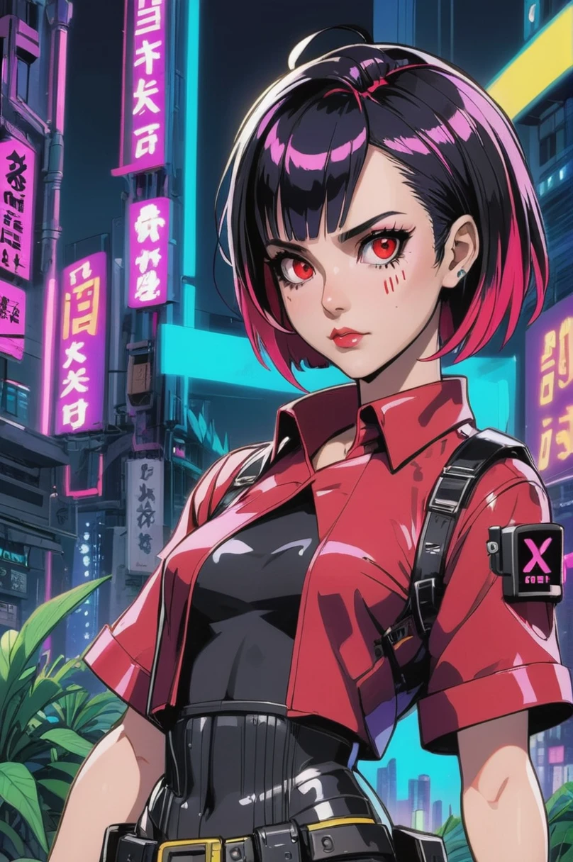 kyotopunk, cyberpunk, animecyberpunk woman with a red shirt, background NEON , french bob, amelie poulain, french bob hair, 1 9 3 0 s haircut, mariel hemmingway, CYBERPUNK GIRL TECH
 style, fantasy, Agricultural Land