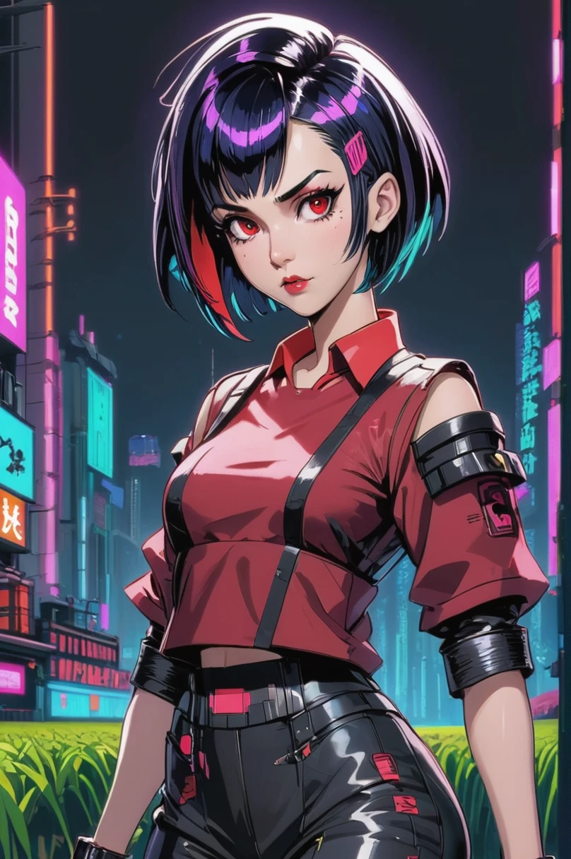 kyotopunk, cyberpunk, animecyberpunk woman with a red shirt, background NEON , french bob, amelie poulain, french bob hair, 1 9 3 0 s haircut, mariel hemmingway, CYBERPUNK GIRL TECH
 style, fantasy, Agricultural Land