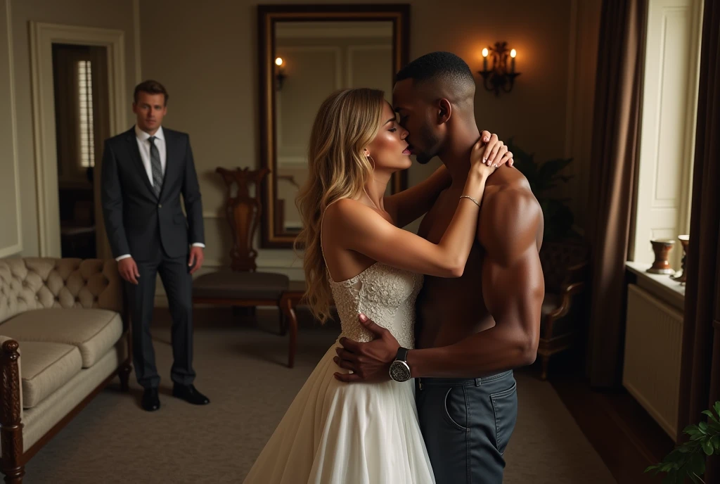 Magnificent detail, 8K Photos, hyper- realism, realistic background, visual depth, wide angle lens, professional light, all-body. {A cena mostra uma uma noiva linda loira de 25 anos com vestido de noiva virando os olhos pra cima expressando prazer sexual sentada Kalem sofá beijando o abdômen de um homem negro forte musculoso, while another man who is her white blond fiancé is in the background of the photo, entering through the door and witnessing the scene with surprise.} {The bride wears a dress that really highlights her body, It has a strapless neckline, one breast is out of the dress.} {The bride has her mouth open expressing feeling an intense orgasm}. {The groom is dressed in a traditional wedding suit and a stylishly arranged slim tie.. She expresses despair at the sight of the scene.} {The black man holds the blonde&#39;s breasts with an expression of sexual pleasure. He is shirtless, without any item of clothing, Kale,  but her private parts are covered by the bride's dress} {the bride is on the black man&#39;s lap, hugging him from the front.} betrayal. sensual image. adult content