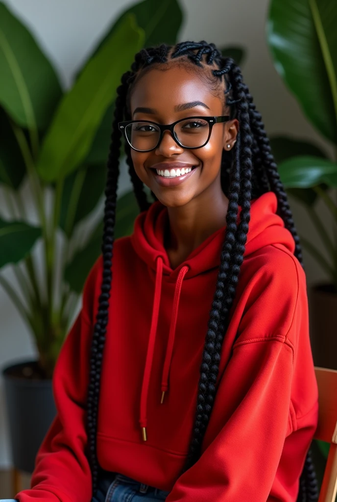 (photorealism:1.2), beautiful black African woman,22 years,sharp boobs, smiling wearing a fitting red hoodie,long braids,cute hairs,black oversized photo chromatic glasses, sitting on a photo studio stool, plants in background.