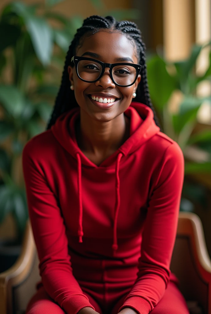 (photorealism:1.2), beautiful black African woman,22 years,sharp boobs, smiling wearing a fitting red hoodie,long braids,cute baby hairs,black oversized photo chromatic glasses, sitting on a photo studio stool, plants in background.