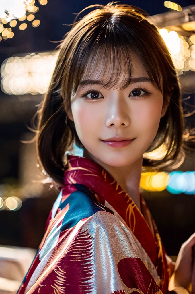 best quality, 8k, very delicate and beautiful, highly detailed face and skin texture, shiny skin, high resolution, sexy japanese girl in kimono on street at night, with firework in the sky, sharp focus