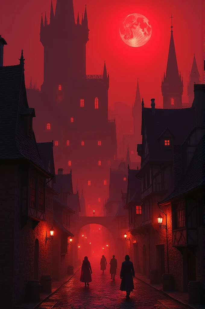 Medieval town with red light of lust