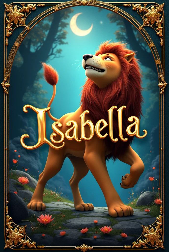 Create the cover of a book and animate it with Isabella&#39;s name written as a title, adding an animated but non-fictional animal.

