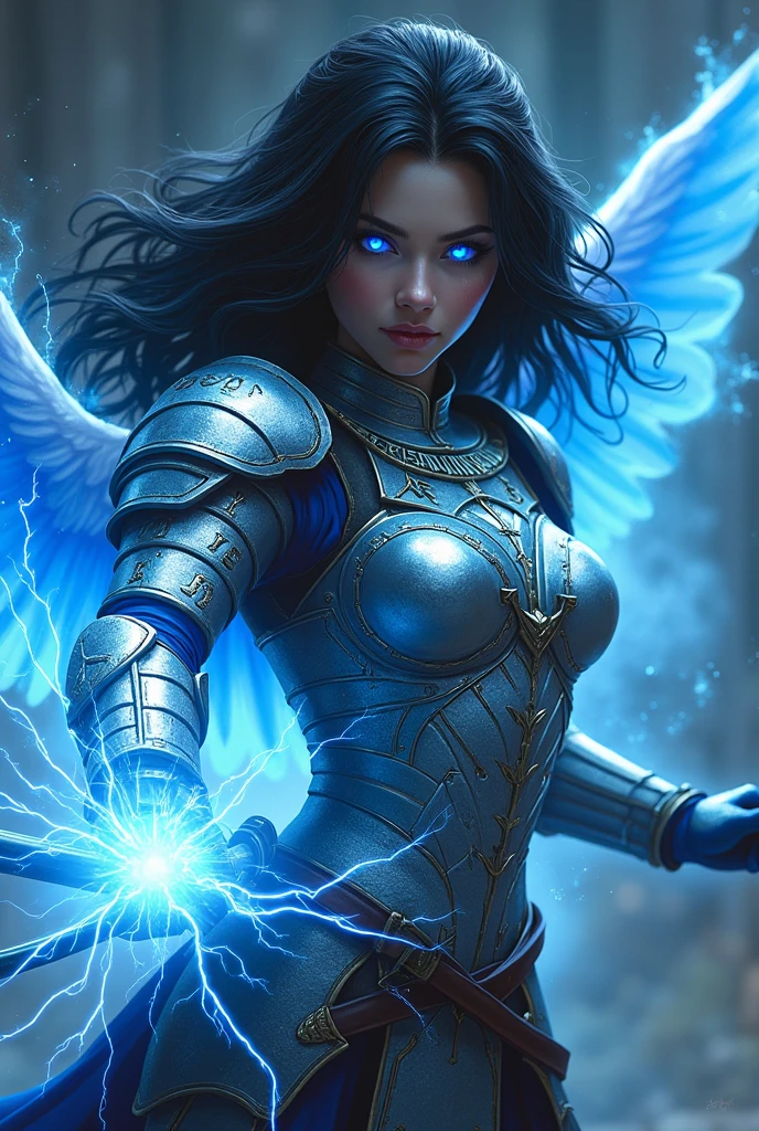 (young woman )( with blue eyes that radiate blue rays) (black hair ) ( that from his hands rays of power come out) (She has silver warrior armor with Hebrew letters ) (that covers his entire body) ( and a katana with lightning bolts ) (with shining wings) ( and a blue aura) ( with fighting pose)