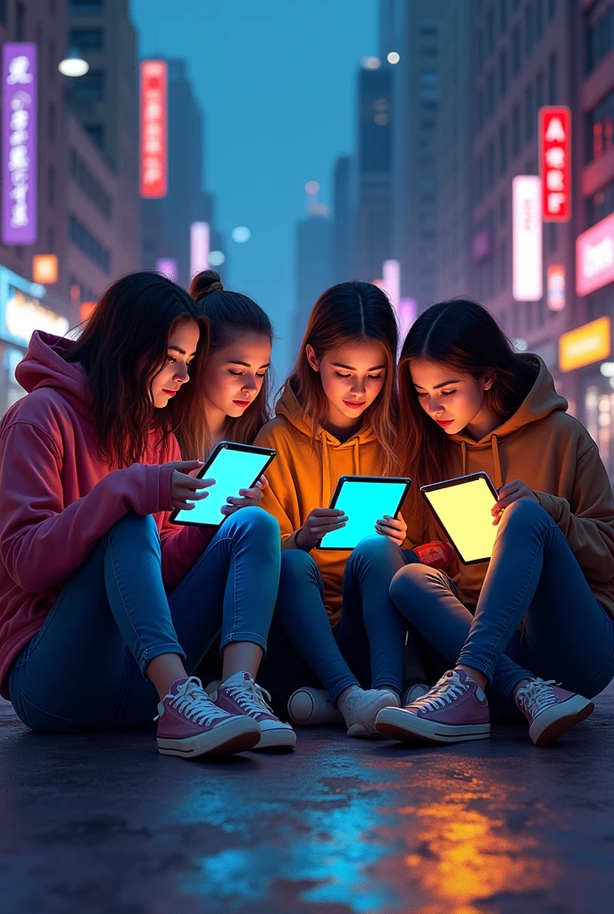 Group of ager in this generation addict to ipads make them siting in the street make it sit infront like 1d make it look like a acrylic paint